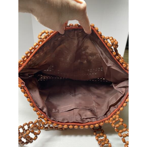 Vintage 1970s Boho Retro Chic Wood Beaded Needlepoint Design Shoulder Bag Purse - Picture 11 of 11